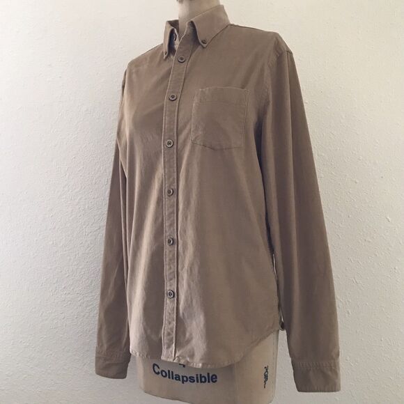 Express Neutral Tan Cotton Corduroy Long Sleeve Collared Stretch Shirt Top XS - Picture 3 of 10